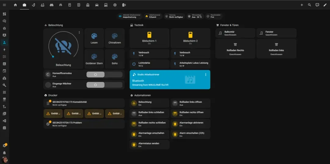 Home Assistant office dashboard showing Lukas' manual entry-guard switch.